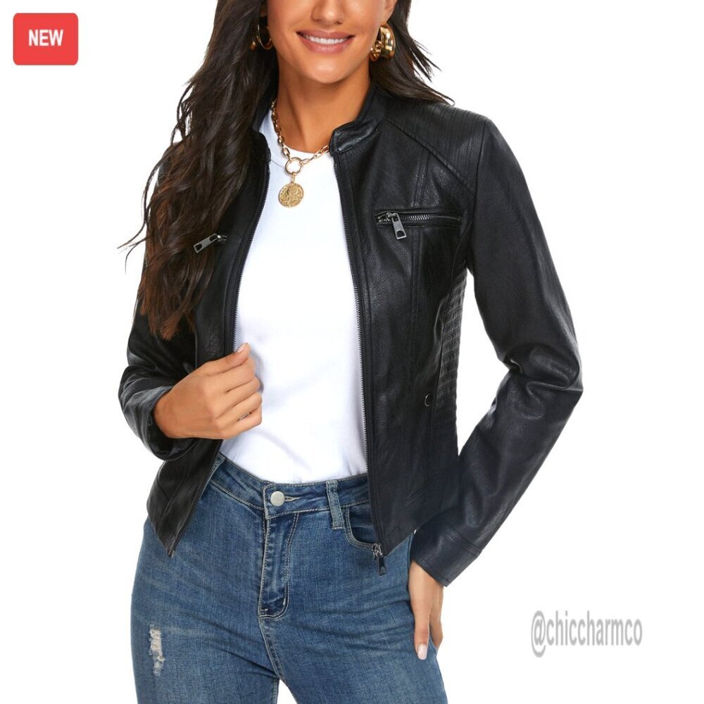 Faux Leather Motorcycle Jacket Moto Biker Fitted Slim Chic Y2K Outwear